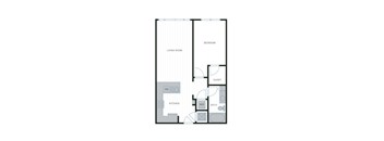 A floor plan of a small apartment with a living room, bedroom, kitchen, bathroom, and closet.