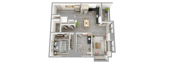 A top-down view of a house layout with a living room, kitchen, dining area, and bedrooms.