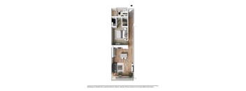 A floor plan of a small apartment with a kitchen, living room, and bathroom.