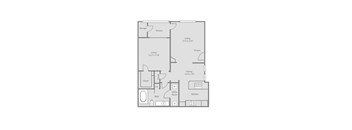 A floor plan of a house with a kitchen, living room, and bathroom.