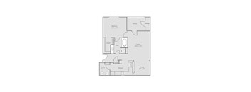 A floor plan of a small apartment with a bedroom, living room, and kitchen.