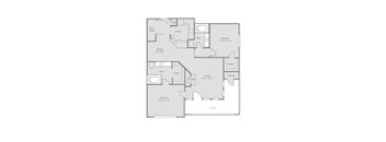 A floor plan of a house with a kitchen, living room, dining room, and two bedrooms.