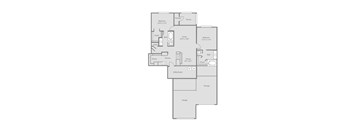 A floor plan of a house with two bedrooms, a living room, a kitchen, a bathroom, a dining room, a study, a garage, and a storage area.