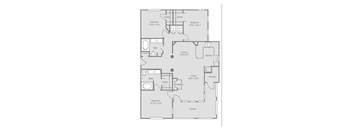 A floor plan of a house with a living room, dining room, kitchen, and two bathrooms.
