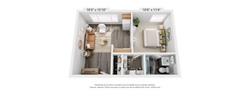 A floor plan of a small apartment with two bedrooms and a living area.