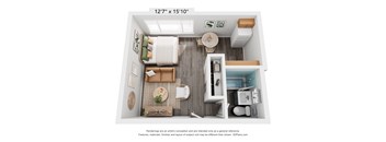 A 3D floor plan of a small apartment with a kitchen, living room, and bathroom.