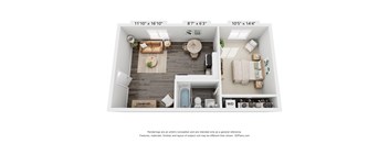 A 3D floor plan of a small apartment with a kitchen, living room, and bathroom.