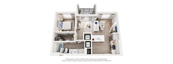A 3D floor plan of a small apartment with a kitchen, living room, and bathroom.