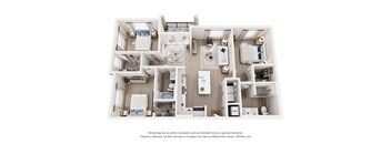 A 3D floor plan of a house with a kitchen, living room, and bathrooms.