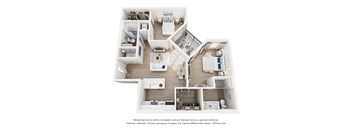 A 3D floor plan of a house with multiple rooms and furniture.