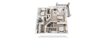 A 3D floor plan of a house with a kitchen, living room, and two bedrooms.