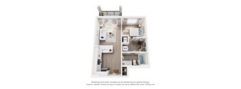 A 3D floor plan of a small apartment with a kitchen, living room, and bathroom.