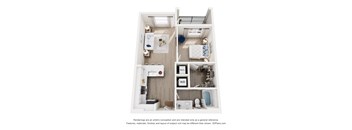 A 3D floor plan of a small apartment with a kitchen, living room, and bathroom.
