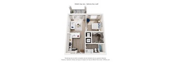 A 3D floor plan of a balcony with a wall and furniture layout.