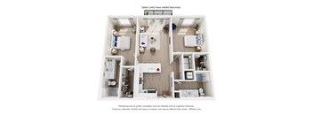 A 3D floor plan of a house with walled balconies.