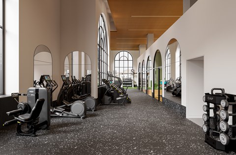 A gym with a variety of equipment including treadmills, stationary bikes, and weight machines.