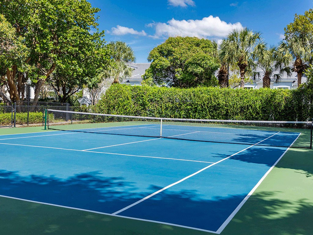 a tennis court with a fence and trees