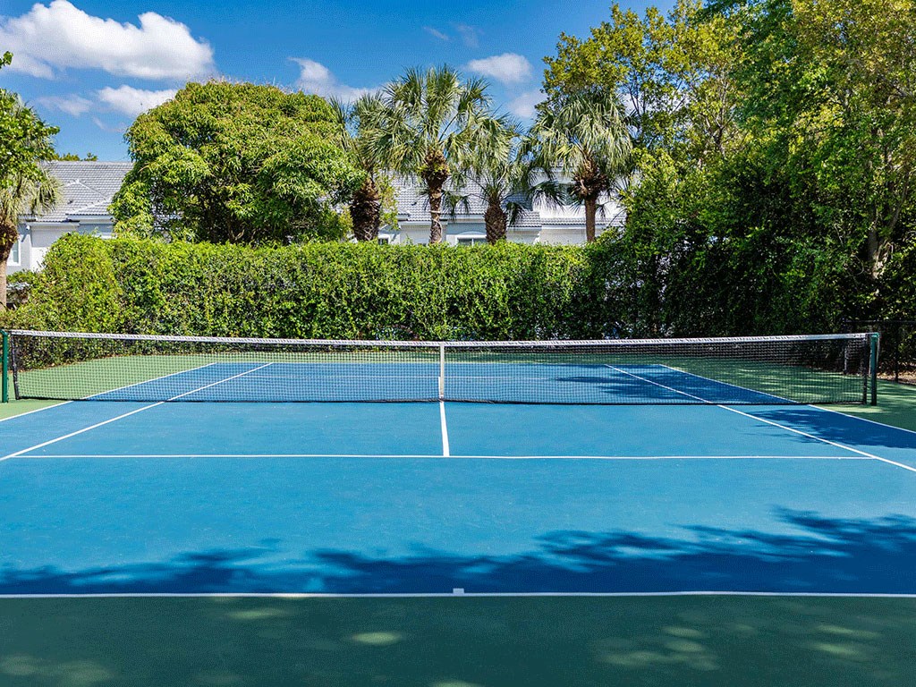 a tennis court with palm trees in the background