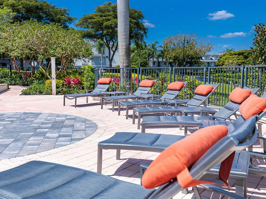 a row of lounge chairs in front of a pool