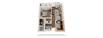 A 3D floor plan of a small apartment with a kitchen, living room, and bedroom.