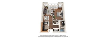 A floor plan of a small apartment with a kitchen, living room, and bedroom.