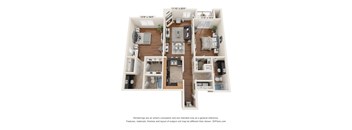 A 3D floor plan of a house with a kitchen, living room, and two bedrooms.