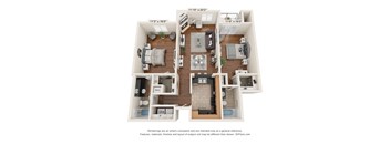 A 3D floor plan of a house with a living room, kitchen, and two bedrooms.