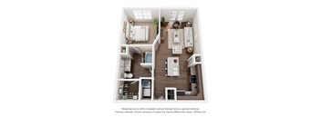 A 3D floor plan of a small apartment with a kitchen, living room, and bathroom.