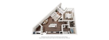 A 3D floor plan of a house with a kitchen, living room, and bedrooms.