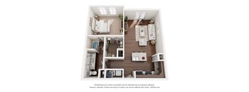A 3D floor plan of a small apartment with a kitchen, living room, and two bedrooms.