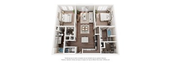 A 3D floor plan of a house with labeled rooms.