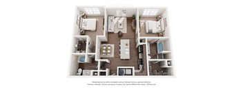 A 3D floor plan of a house with multiple rooms and furniture.