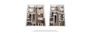 A floor plan of a two-bedroom apartment with a kitchen, living room, and bathroom.
