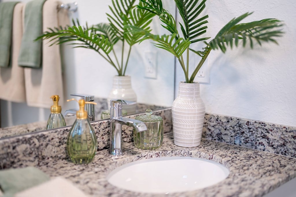 a bathroom counter with a sink and vases with plants