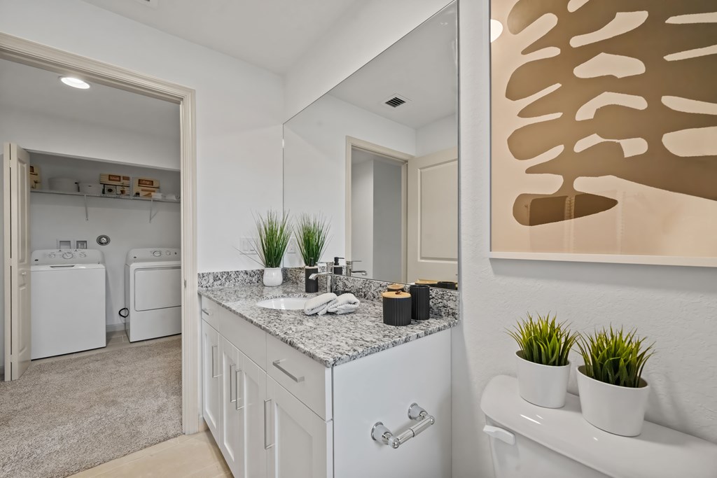 a bathroom with a sink and a mirror and a laundry room
