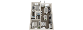 A 3D floor plan of a small apartment with a bedroom, living room, and kitchen.