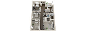 A 3D floor plan of a two-bedroom apartment with a living room, kitchen, and bathroom.