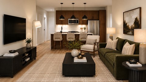 A modern living room with a dark wooden coffee table and a green sofa.
