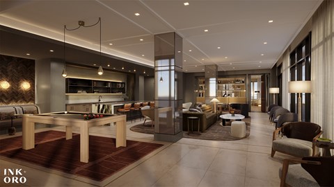 A modern living room with a pool table and a bar area.
