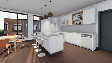 Kitchen rendering with white cabinets