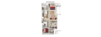 A floor plan of an apartment named The Wachusett showing two bedrooms, a living room, a kitchen, and a bathroom.