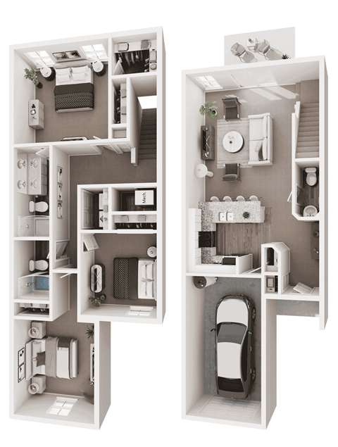 A black and white image of a dollhouse with two floors, a kitchen, a living room, a bathroom, and a bedroom.