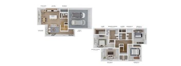 A floor plan of a two-bedroom apartment with a living room, kitchen, and bathroom.