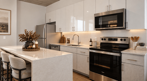odern apartment kitchen with white cabinets, quartz countertops and stainless steel appliances at Sora in Phoenix, Arizona