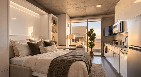 Furnished studio apartment with modern kitchen, sleeping area and large window at Sora in Downtown Phoenix
