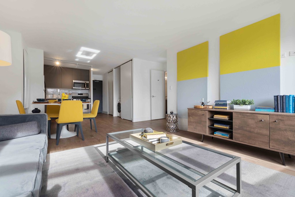 View from windows of the open concept living and kitchen layout