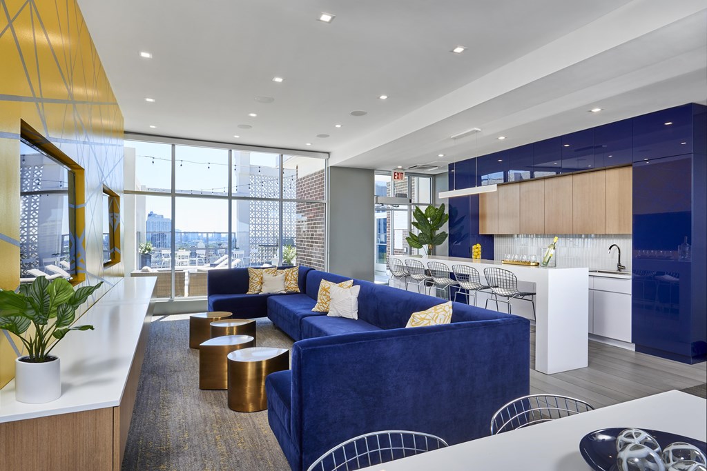 Social room with kitchen and seating