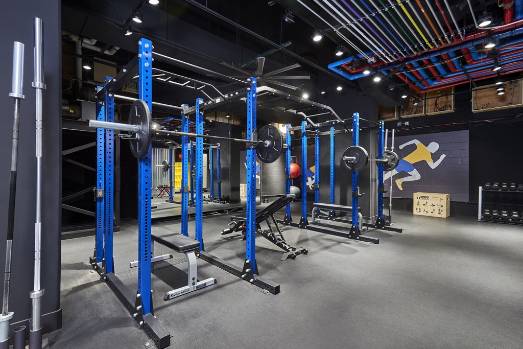 Studio Apartments in Chicago Lakeview IL - Wave Lakeview - 24-Hour Fully-Equipped Fitness Center And Workout Studio With Squat Racks, Workout Benches, Weights, And Full Body Mirrors