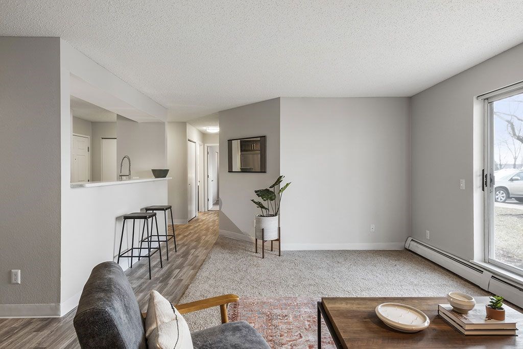 a living room with a couch and a table