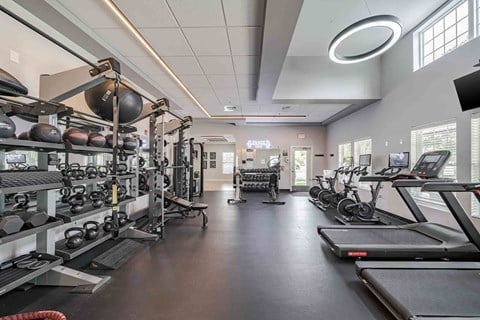 A spacious gym with treadmills, weights, and exercise equipment.